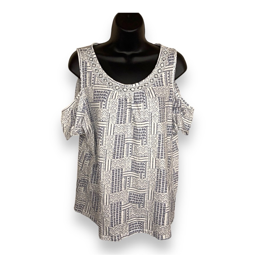 LARGE HANNAH BLUE WHITE BLOUSE TOP COLD SHOULDER BOHO BOHEMIAN
